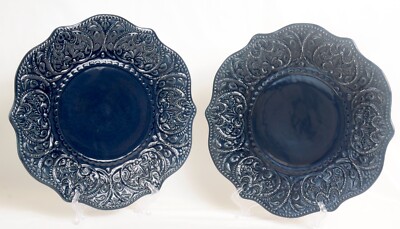 Pair Pier 1 Chateau Clair Indigo Dinner Plates Scallop Rim Embossed Lace Border-image