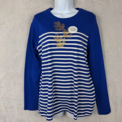 Kim Rogers Perfectly Soft T Shirt Women Small Blue Striped Cotton Long Sleeve-image