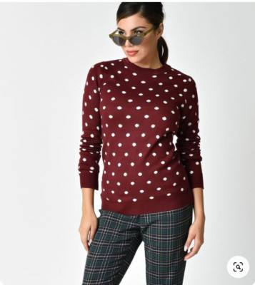 Loft Women’s Sweater Pullover Polka dots Maroon Gray Sz M long sleeve soft cozy-image
