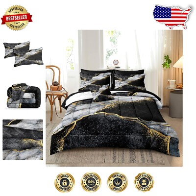 Luxurious King Black Marble Comforter Set - Modern 3-Piece Microfiber Bedding-image