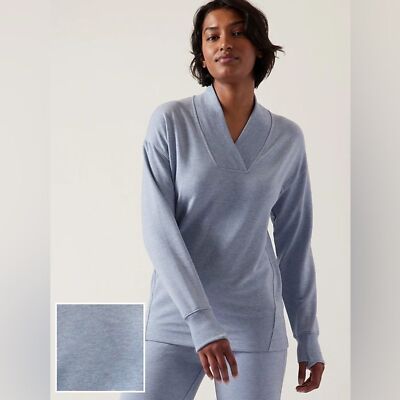 Athleta Women  Clarity Sweatshirt Large V-Neck Blue Cozy Soft Lounge-image