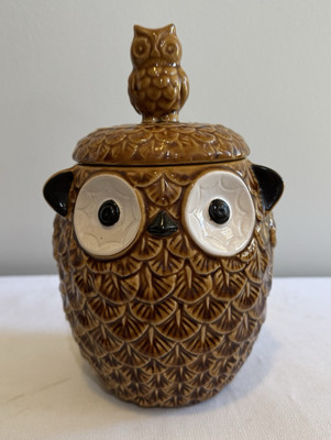 Pier 1 Imports Owl Cookie Jar and Lid Ceramic Brown Stoneware Retired-image