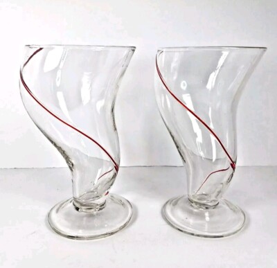 Pier 1 Imports Red Swirline Tornado Handblown Footed Glass Tumblers Set of 2-image