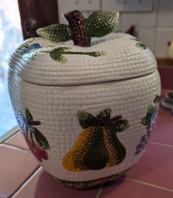 Mosaic Fruit Cookie Jar Apple Shape Ceramic Jay Imports 9” Large -image
