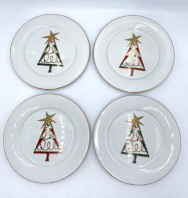 (4) Pier 1 Christmas Tree Holiday Plates Dessert Salad Green Red Gold Star core-image