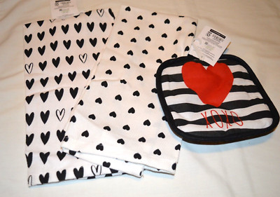 Kitchen Dish Towel Set - 2 towels 1 potholder 100% Cotton White Black Red Hearts-image
