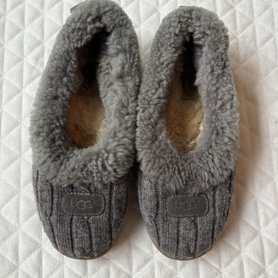 UGG Rylan Gray Slippers Womens 6.5 Shoes Cable Knit Sheepskin Fur Slip On Cozy-image