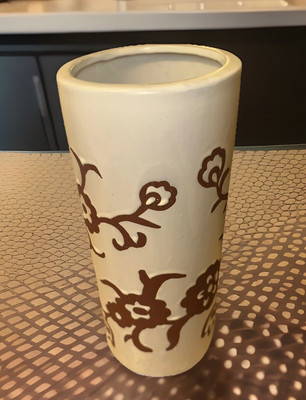 Pier 1 Imports ~ Terracotta 11” Vase ~ Off-White/Brown ~ Floral/Abstract Design-image