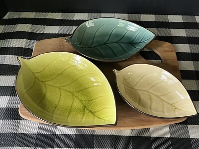 Set of 3 Pier 1 Nesting Serving Dishes Leaf Leaves Stoneware Rare Colors Plates-image