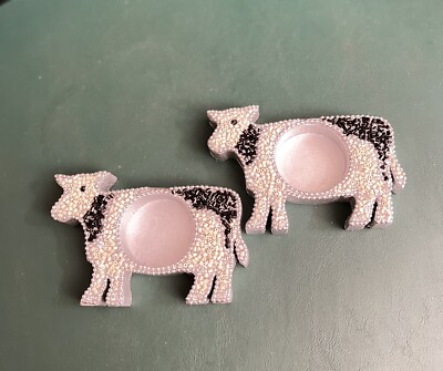 Pier 1 Beaded Cow Shaped Tea Light Holders (2), SilverW/Black White Silver Beads-image