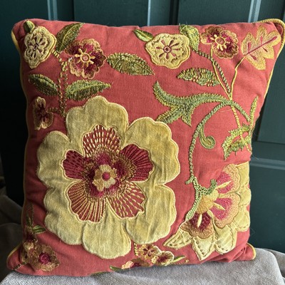 Pier 1 Imports Throw Pillow Embroidered W Beading Stripes Floral design 18”x18”-image