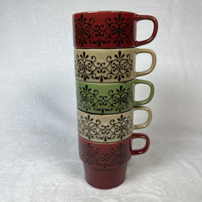 Pier 1 Imports Set/ 5 Stacking Stoneware Coffee Mug Cups 2 Red 2 Tan 1 Green-image