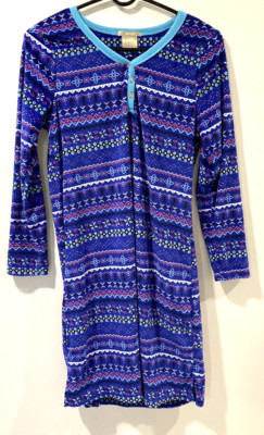 Ink & Ivy Short M Fleece Nightgown V-Neck Long Sleeve Blue Print Button Closure-image