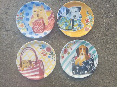 Set Of 4 Pier 1 Dog-Themed Salad Plates w/ Colorful Designs ***READ***  Lot 1-image