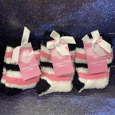 3 X Snuggle Feet Womens Black And Pink- Soft Cozy & Warm Fuzzy Socks - Size 5/9-image