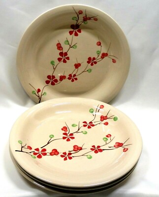 Pier1 Imports PER180 Dinner Plates x4 Red Flower Branch Berries Cream Background-image
