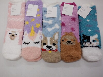 WOMENS SIZE 9-11 COZY SOCKS LLAMA CAT DOG UNICORN SLOTH 5 PAIRS NEW #22218-image