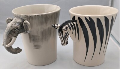 Pier 1 Imports Large Coffee Mugs 3D Zebra & Elephant (B11)-image