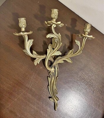 Vintage Gilt Brass Candlestick WallScones French Louis XV Style LargeOrnate-image