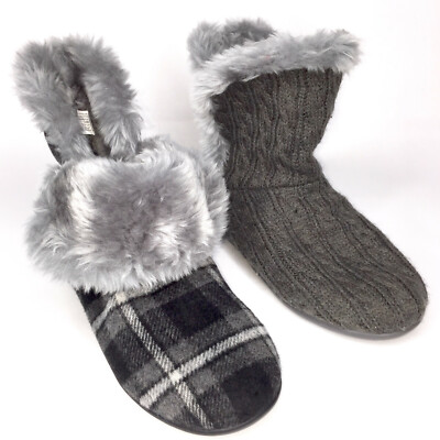 Vionic Slipper Booties Faux Fur Cozy Boots Plaid Gray Black Cable Kari Orthaheel-image
