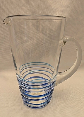 Pier 1 Imports Clear Glass Lemonade Water Pitcher with Blue Striped Design 9