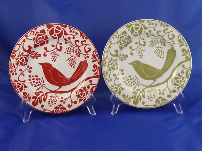 Pier One Bird Salad Plates (2) Red and Sage Green-image