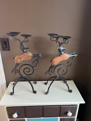 Pier 1 Iron Wood Deer Stag Votive Candle Holders 20” Reindeer Christmas Decor-image