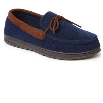 Dearfoams men’s Cozy Comfort Berber Moccasin Slipper in navy blazer S 7-8 NWT-image