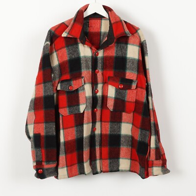 Vintage 50s Men's Wool Shirt Jacket Hunting Outdoors Size Large Plaid Red Gray-image