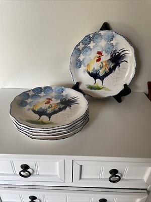 Pier I Imports Country Rooster 8.75” Round Luncheon Plates Set Of 6 RARE bird-image