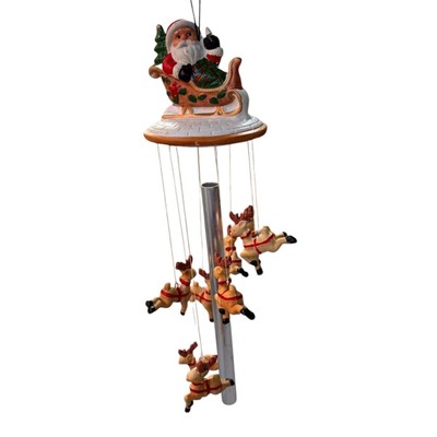Vintage Christmas Holiday Santa Sleigh Wind Chime 7 Reindeer Ceramic Adorable-image