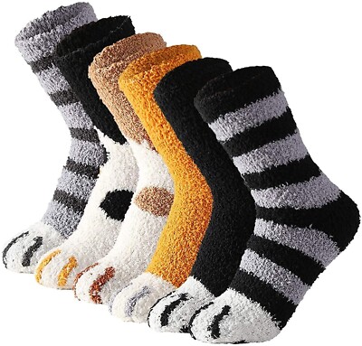 6 PAIRS WOMEN'S FUZZY WINTER FLUFFY COZY WARM CUTE CAT PATTERN PAW SOCKS SET-image