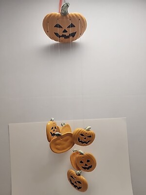 VTG Ceramic Halloween Jack O Lantern Pumpkin Wind Chime Mobile Wall Decoration-image