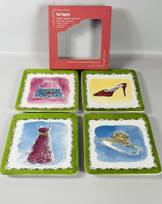 PIER 1 Imports Apparel Appetizer Dessert Plates Set of 4 Dress Hat Purse Shoe-image