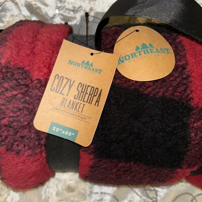 NWT Northeast Outfitters Cozy Black Red Check Sherpa Blanket 50 x 60 Christmas -image