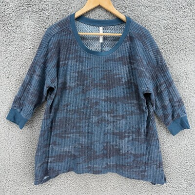 COZY Blue Camo Thermal Comfort Round Neck 3/4 Sleeve Shirt Top Women's Large-image