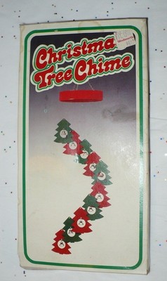 VINTAGE CHRISTMAS RED & GREEN METAL TREES WITH GOLD BELLS WINDCHIME IN BOX -image