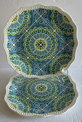 Pier 1 Imports ATLAS Salad Plate 8.5” Geometric Lunch Plate Blue Green Set Of 2-image