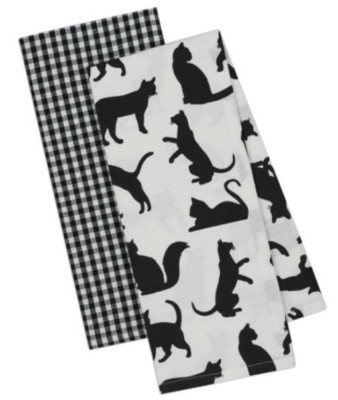 NWT DII Design Imports Black White Cat Print Kitchen Dish Hand Tea Towel Set - 2-image