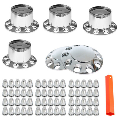 Complete 33mm Lug Chrome Hub Cover Semi Truck Wheel Axle Cover Kit Front & Rear-image