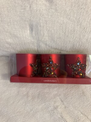 3 PIER 1 IMPORTS GLASS FROSTED RED CANDLE HOLDERS BEAD STAR DESIGN 2 1/2