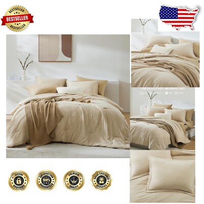 7-Piece Soft Beige Comforter Set - Cozy Full Bed in a Bag for Ultimate Comfort-image