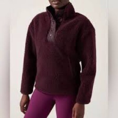 Athleta cozy Sherpa snap sweatshirt color eggplant Wine Size Medium-image