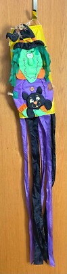Vintage Halloween Witch & Black Cat Hanging Nylon Windsock 57