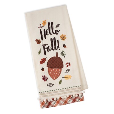 Hello Fall Cotton Kitchen Dish Towel - Acorn & Fall Leaves With Pom Pom Accents-image