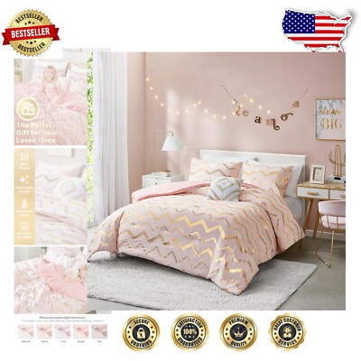 All-Season Twin Girls Comforter Set with Metallic Print - 3 Piece Pink Glam-image