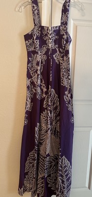 Vntg TAHITI IMPORTS RARE Dress Empire Waist Long Flowing Design Purple & White-image