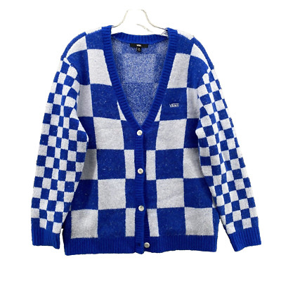 VANS Knit Cardigan Men's XS Blue White Preppy Skater Checker Streetwear Eclectic-image