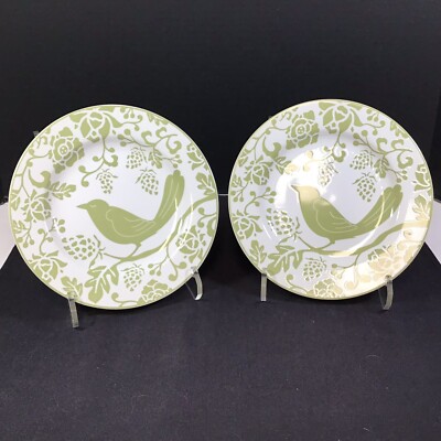 Pier 1 One Imports Stoneware Embossed Green Bird Floral Salad Dessert Plates-image