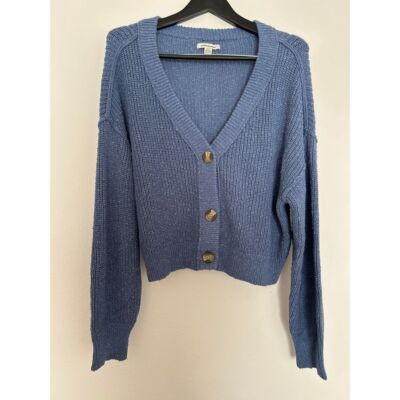 American Eagle Blue Knit Sweater with Brown Buttons Cozy Ribbed Pullover Size L-image